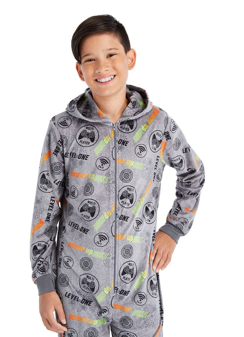 Close Up Boy wearing Gamer Onesie in grey colour
